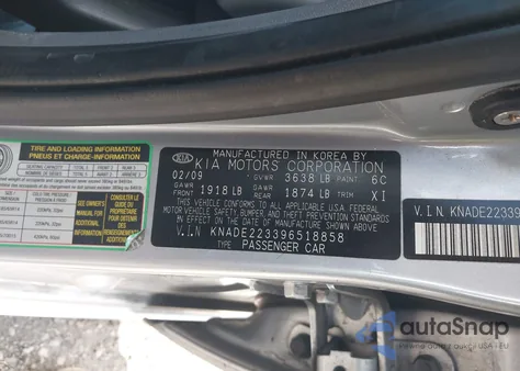 2009 Kia Rio Lx z USA, uszkodzony, nr VIN KNADE223396518858